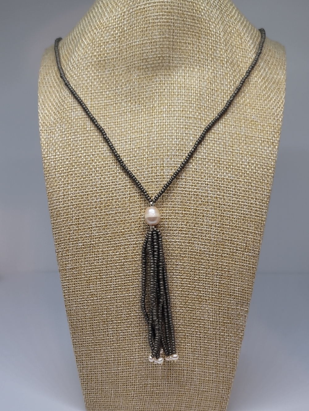 Classic Sage Beaded Tassel Necklace with Pearl Accents